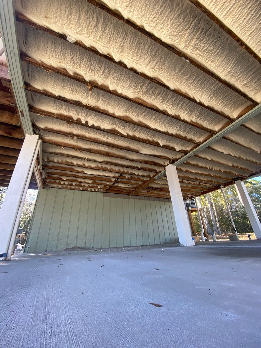 Open-cell spray foam insulation on vaulted ceiling and walls — Mississippi home